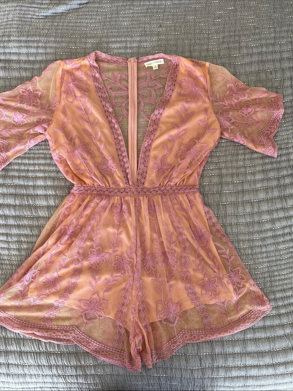 Honey Punch Pink Lace-Embroidered Romper
